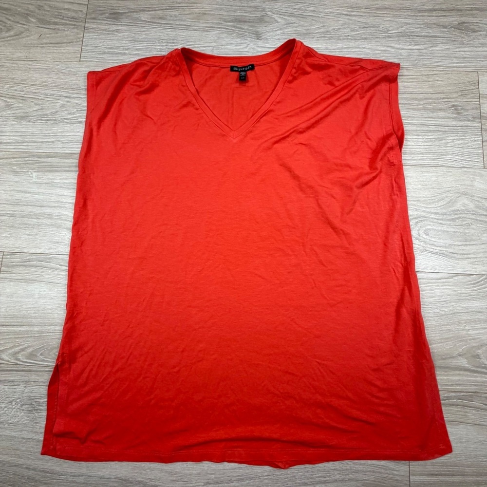 Eileen Fisher Womens Red Tencel Lyocell V-Neck Sleeveless Tunic Top Size Medium